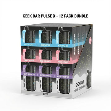 Geek Bar Pulse X 12 Pack Bundle case with assorted flavor boxes
