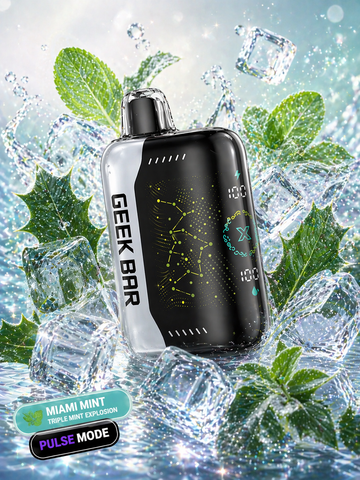 Geek Bar Pulse X Miami Mint disposable vape with mint and ice background